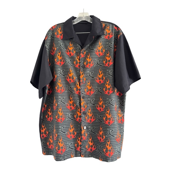 ODO (NWOT) Men’s Flames Black Single Stitch Rockabilly Button Up Shirt (LARGE) - Picture 1 of 7